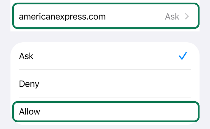 Your bank's website in the list, then the choices Ask, Deny and Allow, with Allow circled.
