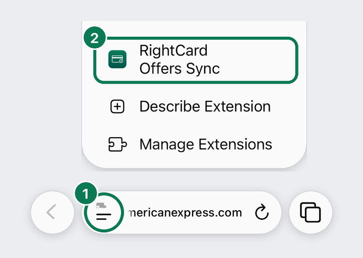 Safari's address bar with the Page Menu button circled, and the open menu with RightCard Offers Sync circled.
