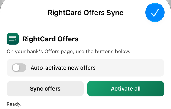 The RightCard popup with the Auto-activate switch and the Sync offers and Activate all buttons.