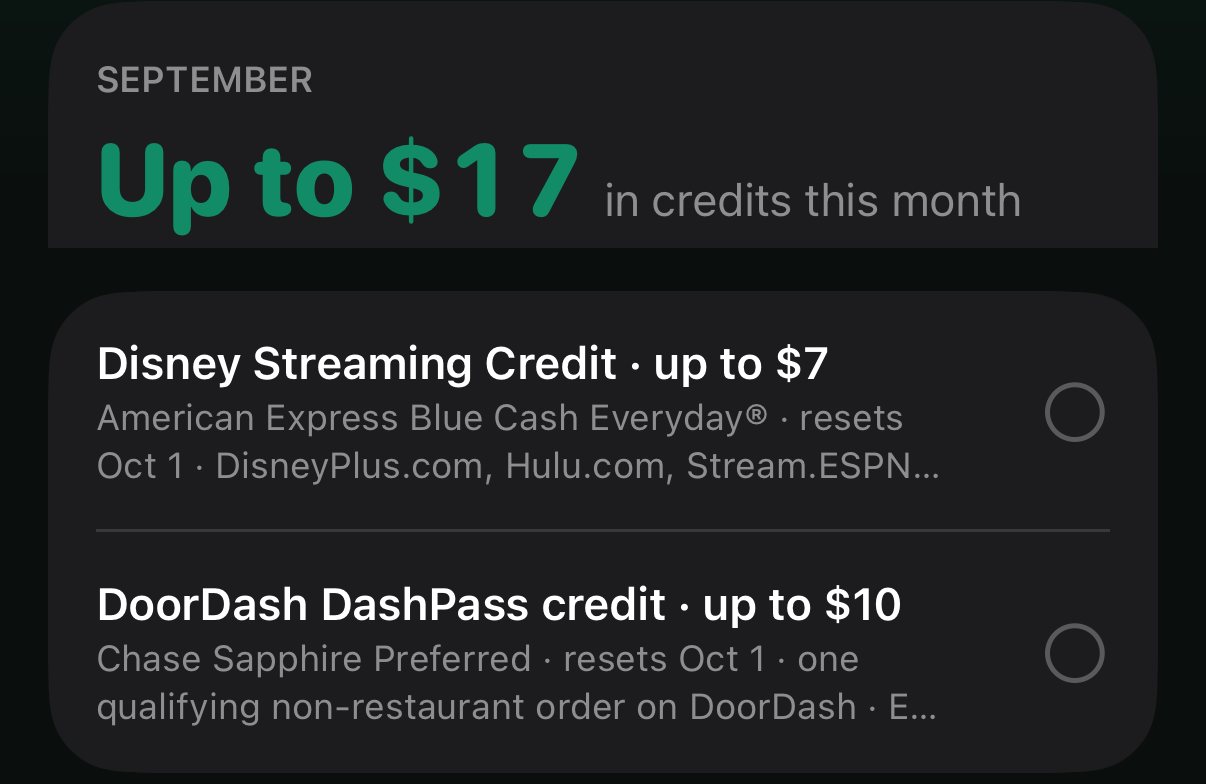 The card calendar listing upcoming credits and fees