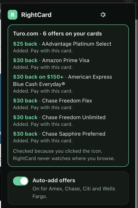 The RightCard Chrome popup listing six offers already on the user's cards at Turo.com