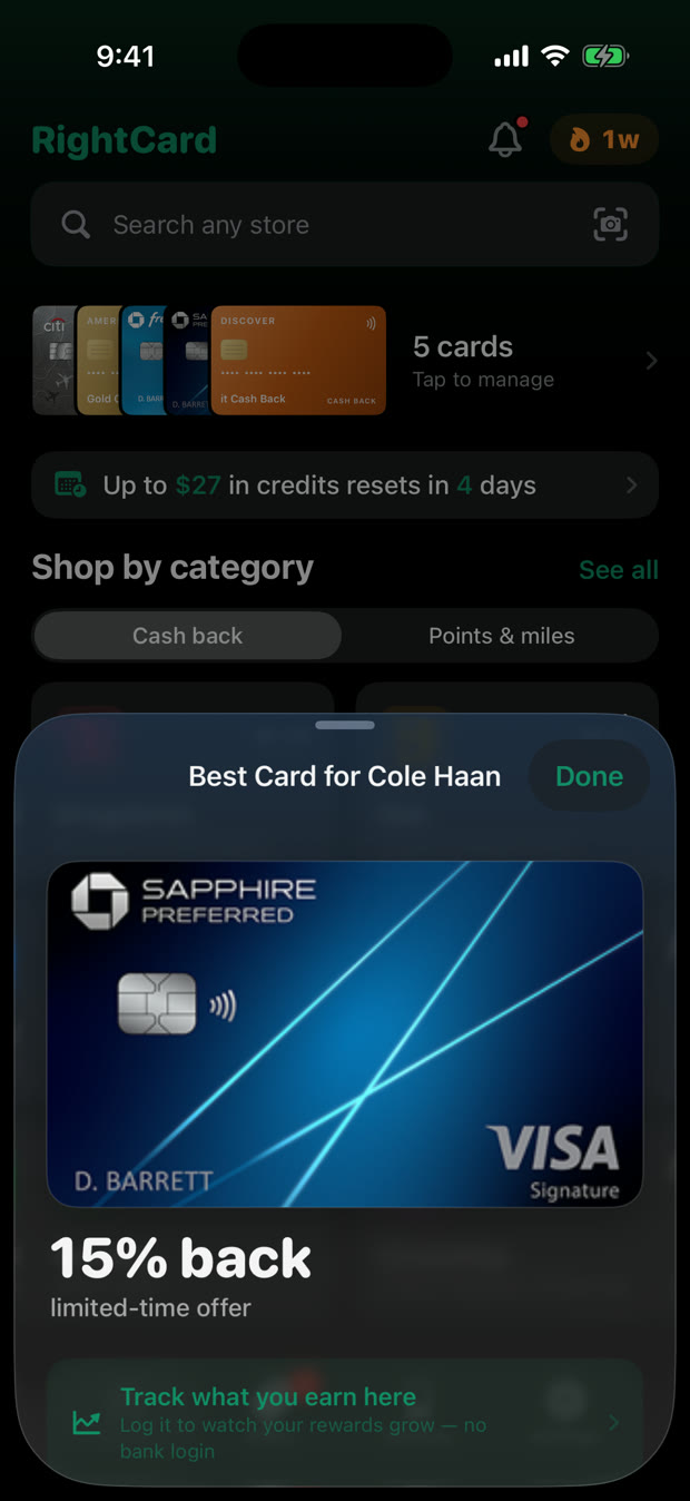 RightCard showing the best card and its rate for a store