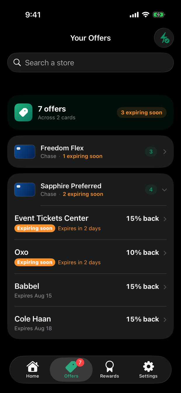 The Offers tab listing synced card-linked offers
